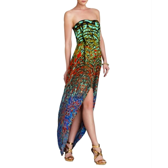 BCBGMaxAzria Jesse Strapless Multi Color High-Low Drapped Gown, Size 2 - Picture 1 of 10